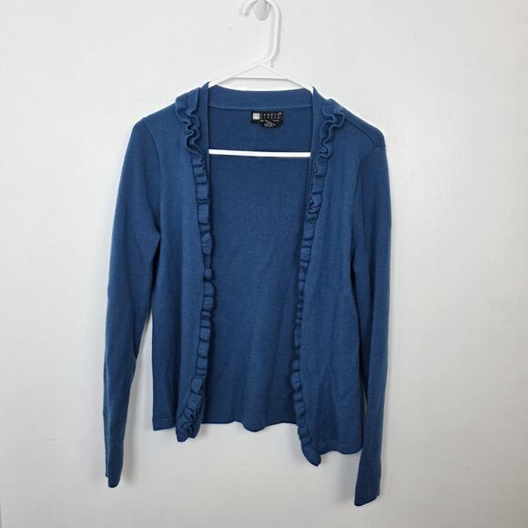 Carole Little Blue 100% Italian Merino Wool Ruffle Preppy Cardigan Size Medium - Picture 2 of 8